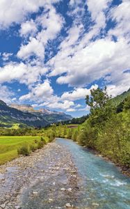 Preview wallpaper stream, stones, trees, mountains, landscape