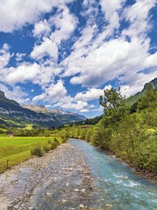 Preview wallpaper stream, stones, trees, mountains, landscape