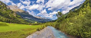 Preview wallpaper stream, stones, trees, mountains, landscape