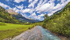 Preview wallpaper stream, stones, trees, mountains, landscape