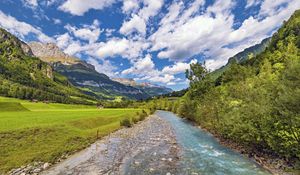 Preview wallpaper stream, stones, trees, mountains, landscape