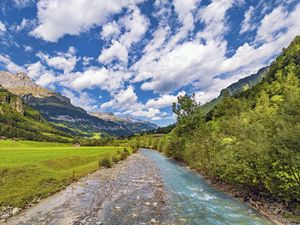 Preview wallpaper stream, stones, trees, mountains, landscape