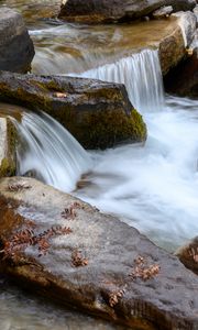 Preview wallpaper stream, stones, water, leaves, autumn