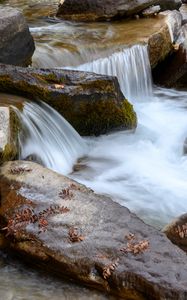 Preview wallpaper stream, stones, water, leaves, autumn