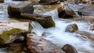 Preview wallpaper stream, stones, water, leaves, autumn