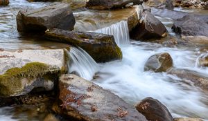 Preview wallpaper stream, stones, water, leaves, autumn