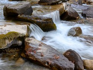 Preview wallpaper stream, stones, water, leaves, autumn