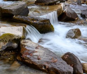 Preview wallpaper stream, stones, water, leaves, autumn