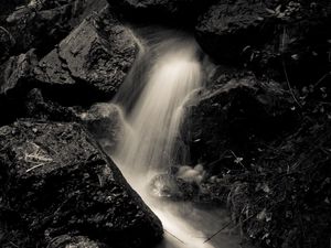 Preview wallpaper stream, stones, wet, long exposure, black and white