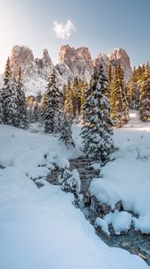Preview wallpaper stream, trees, mountain, snow, winter