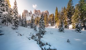 Preview wallpaper stream, trees, mountain, snow, winter