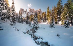 Preview wallpaper stream, trees, mountain, snow, winter