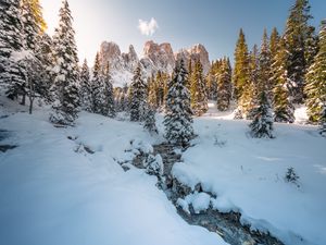 Preview wallpaper stream, trees, mountain, snow, winter