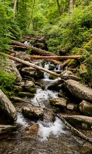 Preview wallpaper stream, water, logs, stones, nature