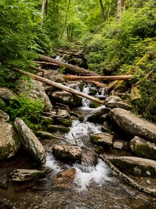 Preview wallpaper stream, water, logs, stones, nature