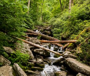 Preview wallpaper stream, water, logs, stones, nature