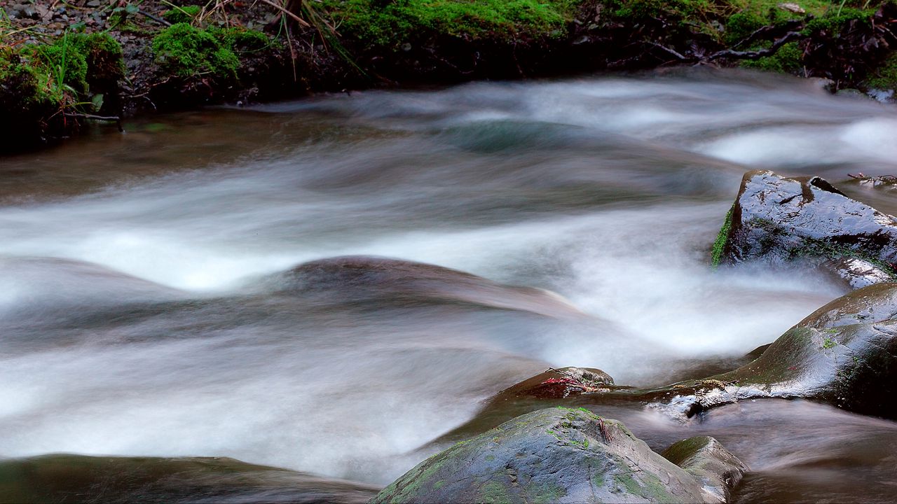 Wallpaper stream, water, stones, long exposure, nature