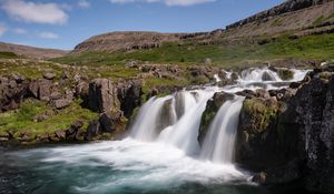 Preview wallpaper stream, waterfall, stones, grass, spray, slope, nature