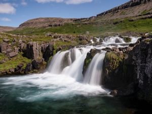 Preview wallpaper stream, waterfall, stones, grass, spray, slope, nature