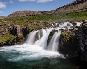 Preview wallpaper stream, waterfall, stones, grass, spray, slope, nature