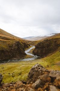 Preview wallpaper stream, winding, hills, stones, moss, greens