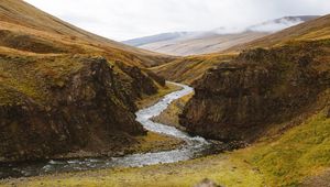 Preview wallpaper stream, winding, hills, stones, moss, greens