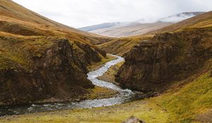 Preview wallpaper stream, winding, hills, stones, moss, greens