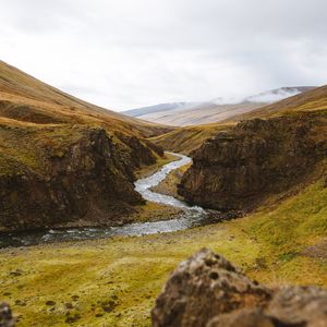 Preview wallpaper stream, winding, hills, stones, moss, greens