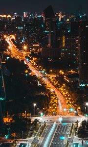 Preview wallpaper street, aerial view, city, night, road, lights