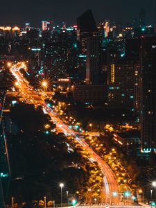 Preview wallpaper street, aerial view, city, night, road, lights