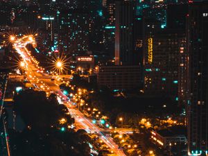 Preview wallpaper street, aerial view, city, night, road, lights