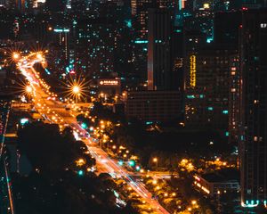 Preview wallpaper street, aerial view, city, night, road, lights