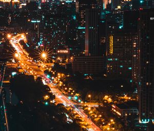 Preview wallpaper street, aerial view, city, night, road, lights