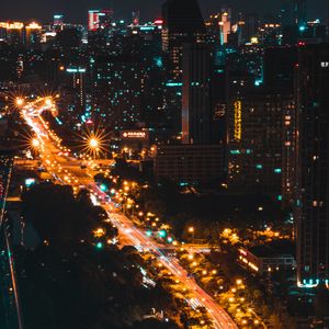 Preview wallpaper street, aerial view, city, night, road, lights