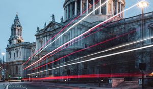 Preview wallpaper street, architecture, building, old, dome, long exposure, lights