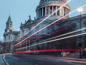 Preview wallpaper street, architecture, building, old, dome, long exposure, lights