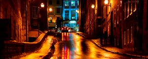 Preview wallpaper street, asphalt, wet, dark, night city, lights