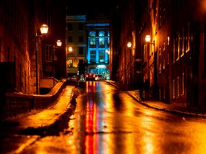 Preview wallpaper street, asphalt, wet, dark, night city, lights