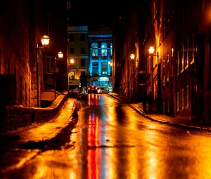 Preview wallpaper street, asphalt, wet, dark, night city, lights