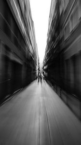 Preview wallpaper street, blur, bw, movement, buildings, perspective