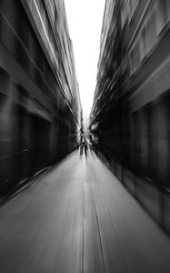 Preview wallpaper street, blur, bw, movement, buildings, perspective