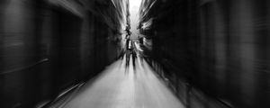 Preview wallpaper street, blur, bw, movement, buildings, perspective