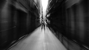 Preview wallpaper street, blur, bw, movement, buildings, perspective