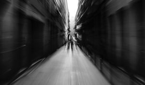 Preview wallpaper street, blur, bw, movement, buildings, perspective