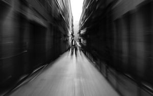 Preview wallpaper street, blur, bw, movement, buildings, perspective