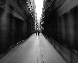 Preview wallpaper street, blur, bw, movement, buildings, perspective