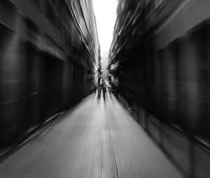 Preview wallpaper street, blur, bw, movement, buildings, perspective