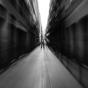 Preview wallpaper street, blur, bw, movement, buildings, perspective