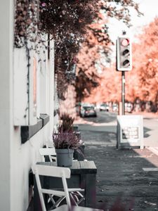 Preview wallpaper street, building, flowers, decoration, furniture