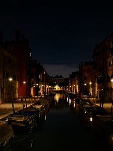 Preview wallpaper street, buildings, boats, canal, water, lights, night